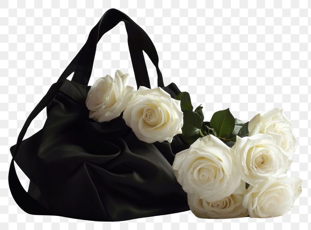 PNG Black fabric tote bag rose handbag flower.
