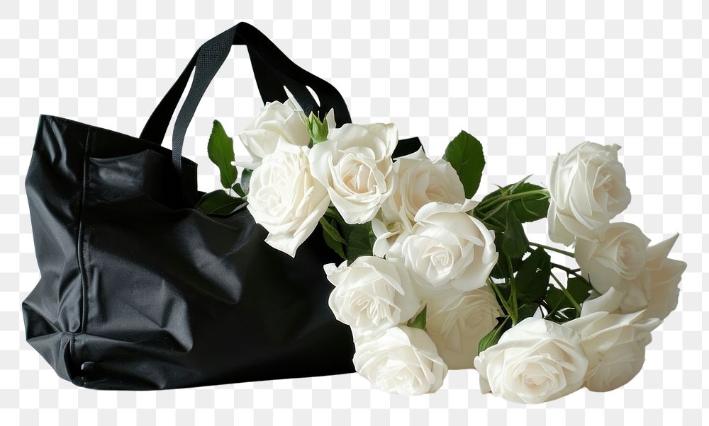 PNG Black fabric tote bag with white roses in side handbag flower plant.