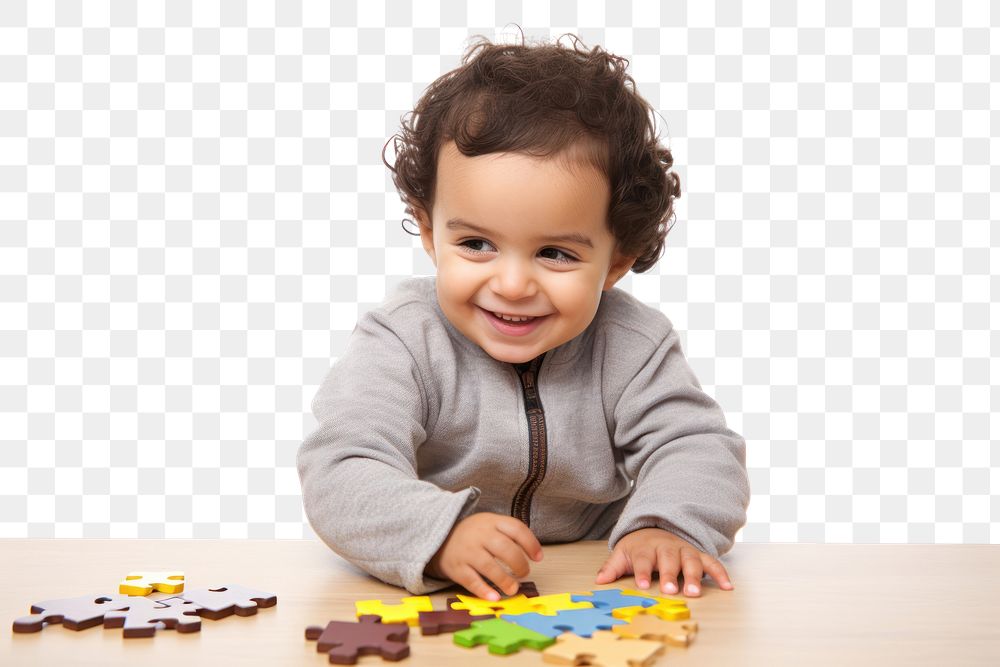 PNG Happy middle eastern kid crawling puzzle baby.