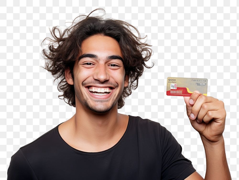 PNG Man holding credit card smiling white background hairstyle.