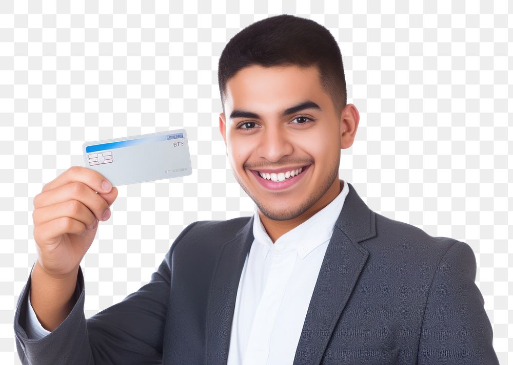 PNG Man holding credit card smiling white background happiness.