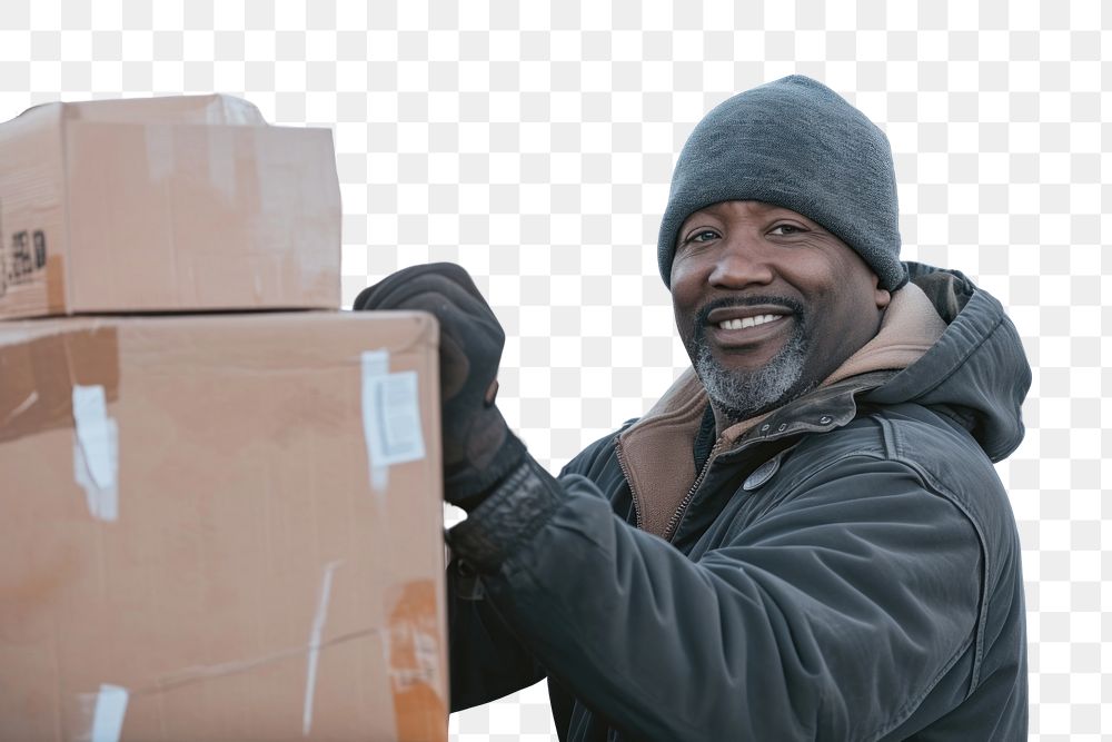 PNG African american truck driver box cardboard loading.