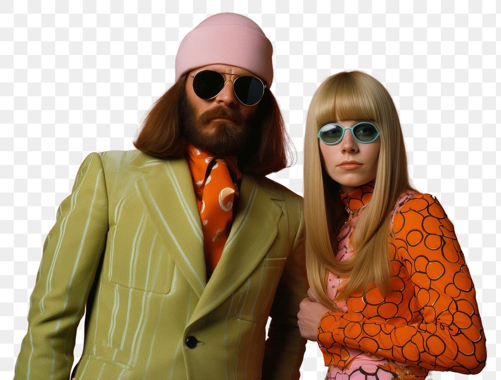 PNG  Man and woman in funky costumes posing for a fashion shoot sunglasses portrait adult. AI generated Image by rawpixel.