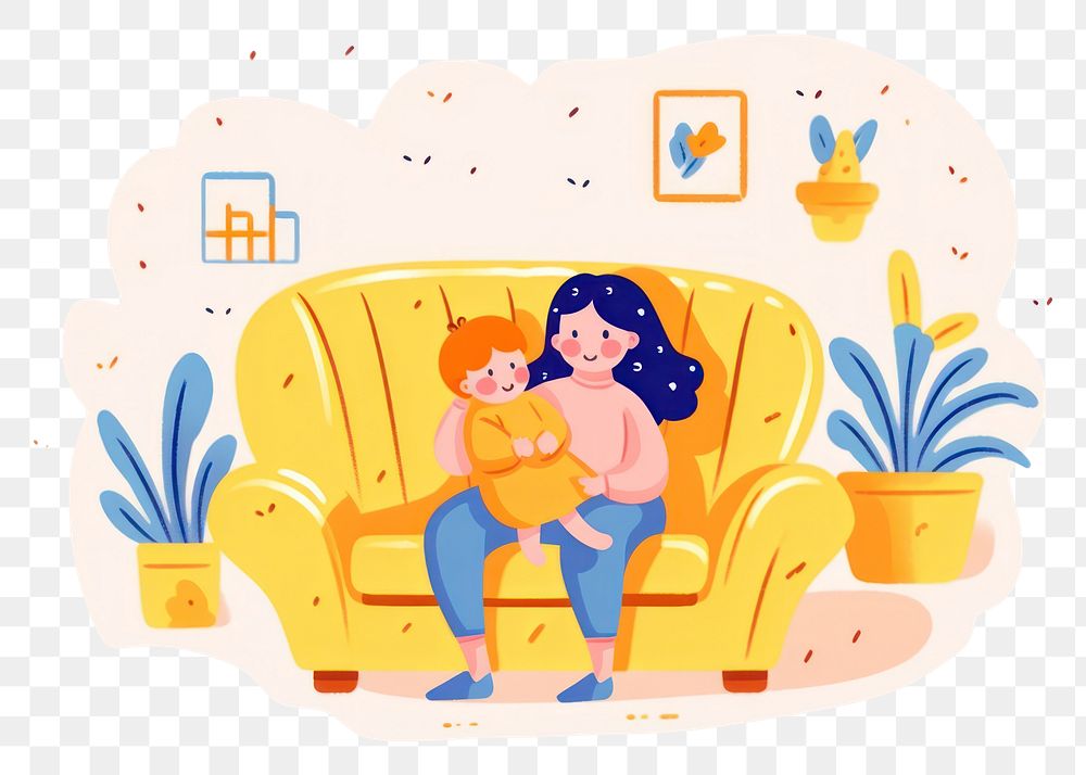 PNG Doodle illustration mother hugging baby furniture sitting drawing.