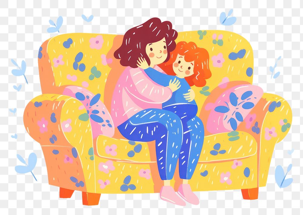 PNG Doodle illustration mother hugging baby furniture sitting cartoon.
