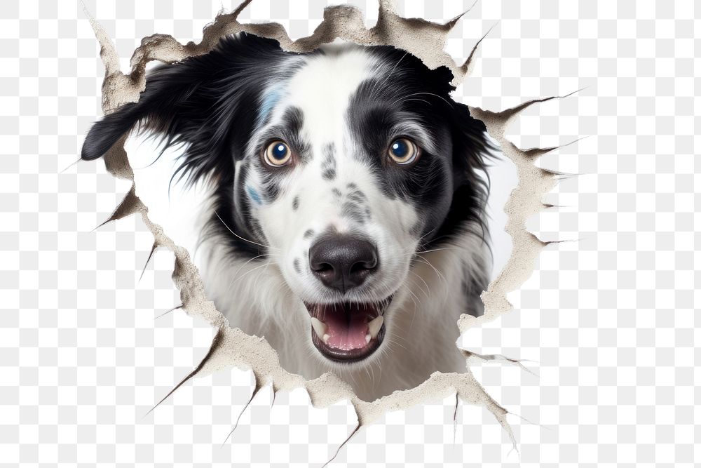 PNG Dog peeking out and try to step through a torn paper hole portrait mammal animal. AI generated Image by rawpixel.