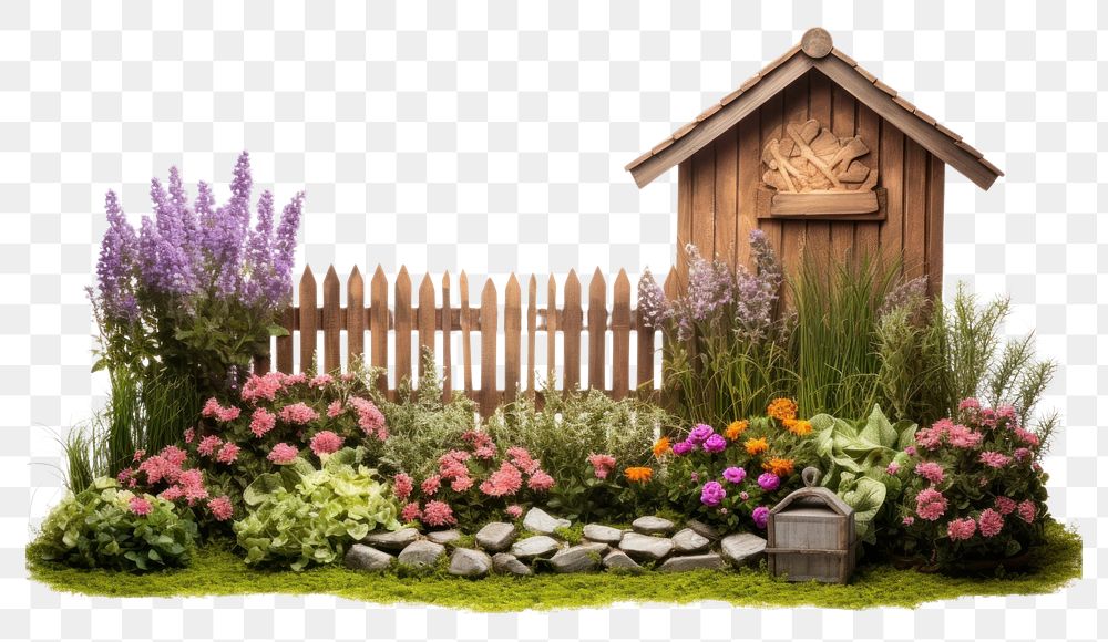 PNG Small wooden yard with flowers and shrubs on the grass outdoors backyard garden.
