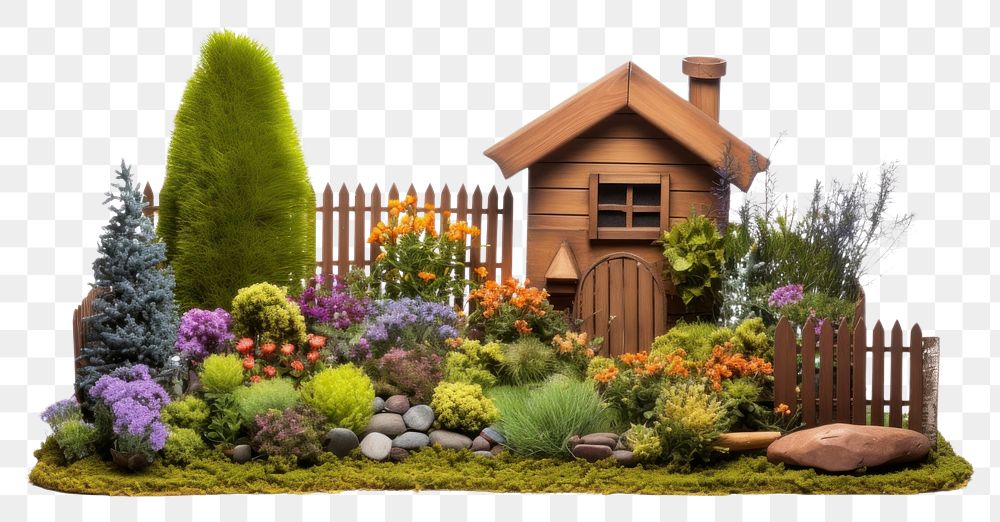 PNG Small wooden yard with flowers and shrubs on the grass architecture outdoors backyard.