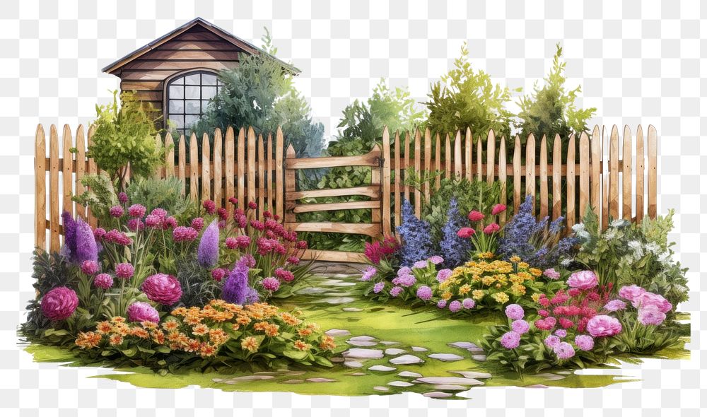 PNG Small wooden yard with flowers and shrubs on the grass outdoors backyard nature