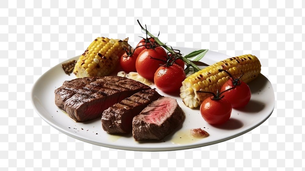 PNG A beef steak plate tomato table.