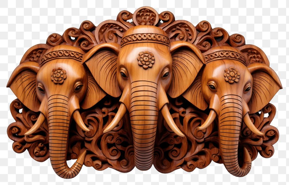 PNG An elephant with three head wood art mammal. AI generated Image by rawpixel.