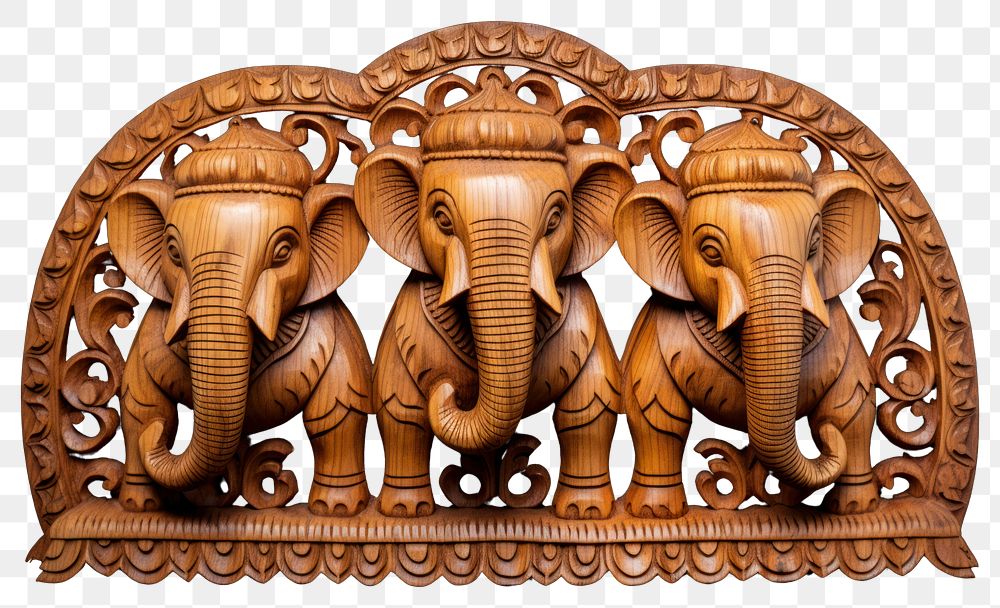 PNG An elephant with three head wood art representation. AI generated Image by rawpixel.