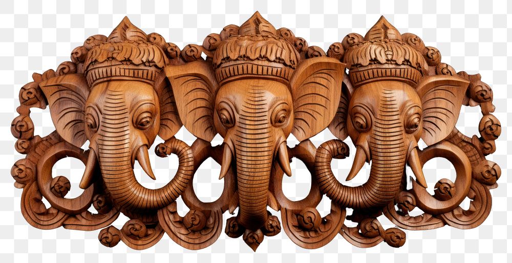 PNG An elephant with three head art wood representation. AI generated Image by rawpixel.