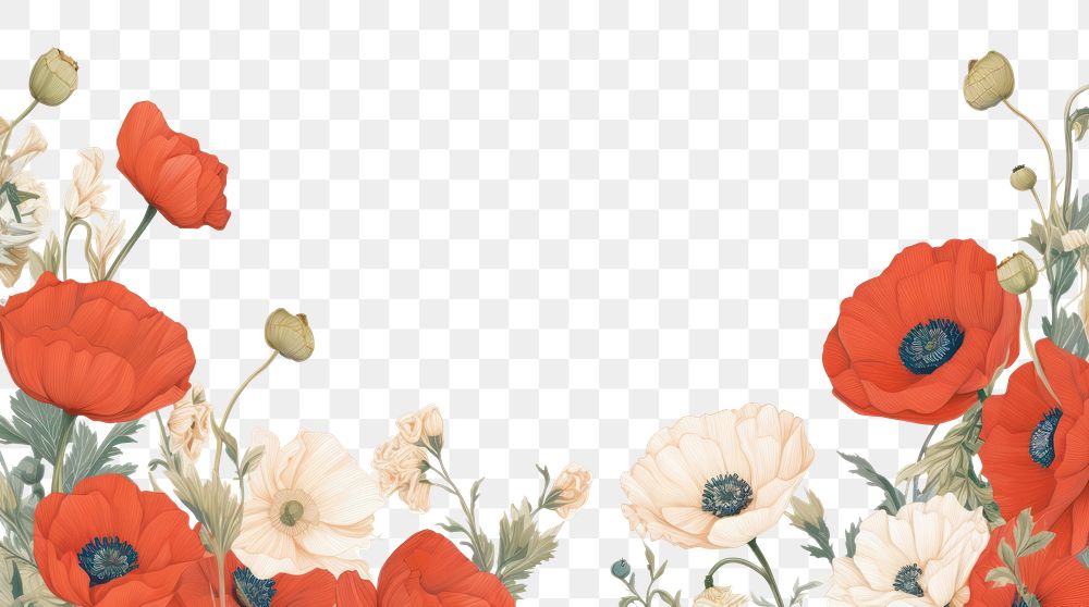 PNG  Poppy frame flower backgrounds pattern. AI generated Image by rawpixel.