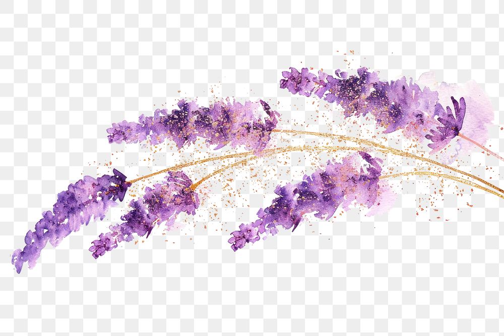 PNG Golden glitter outline stroke with purple watercolor lavender flower plant splattered.