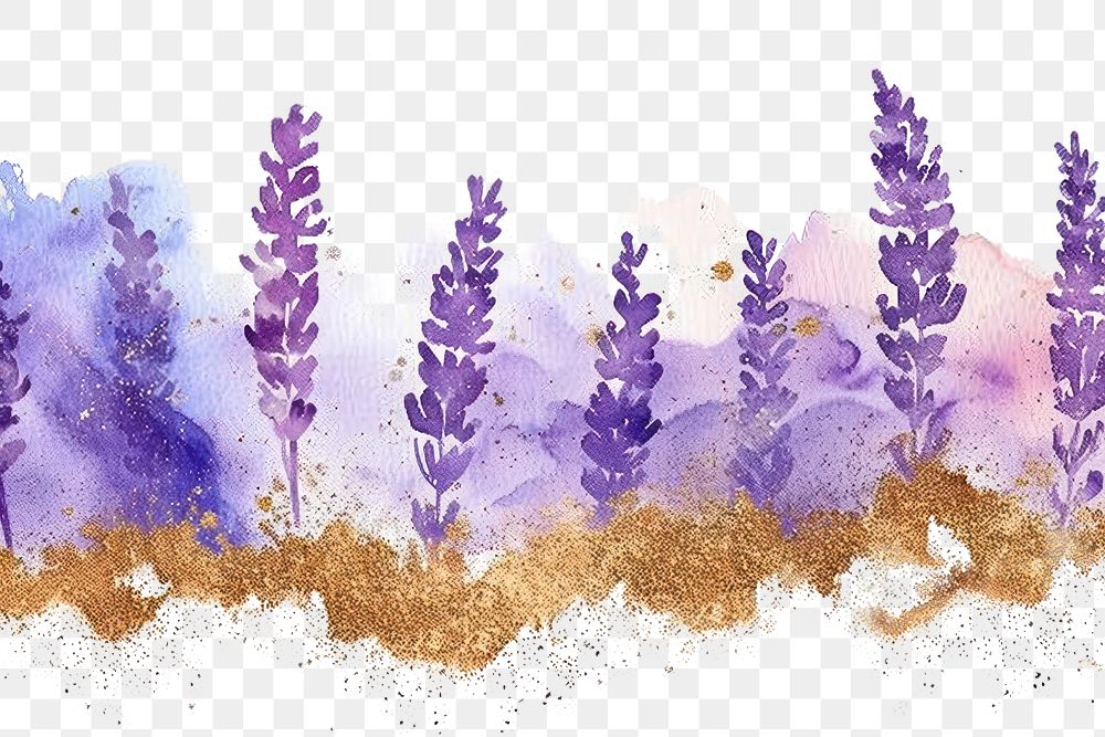 PNG Golden glitter outline stroke with purple watercolor lavender flower plant creativity.