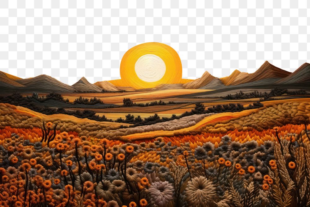 PNG Embroidery background of a sunset backgrounds landscape outdoors.