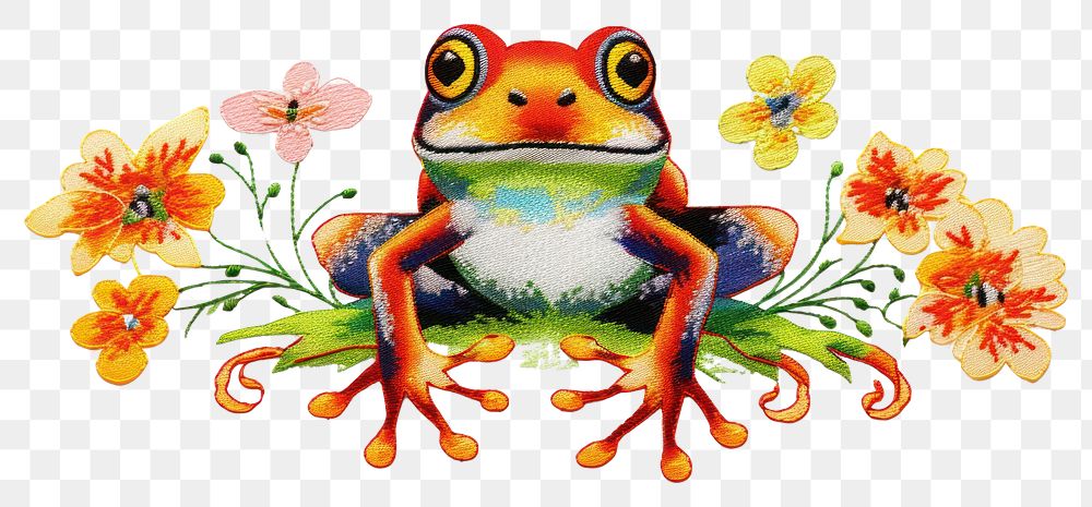 PNG Embroidery of a frog border amphibian wildlife animal.