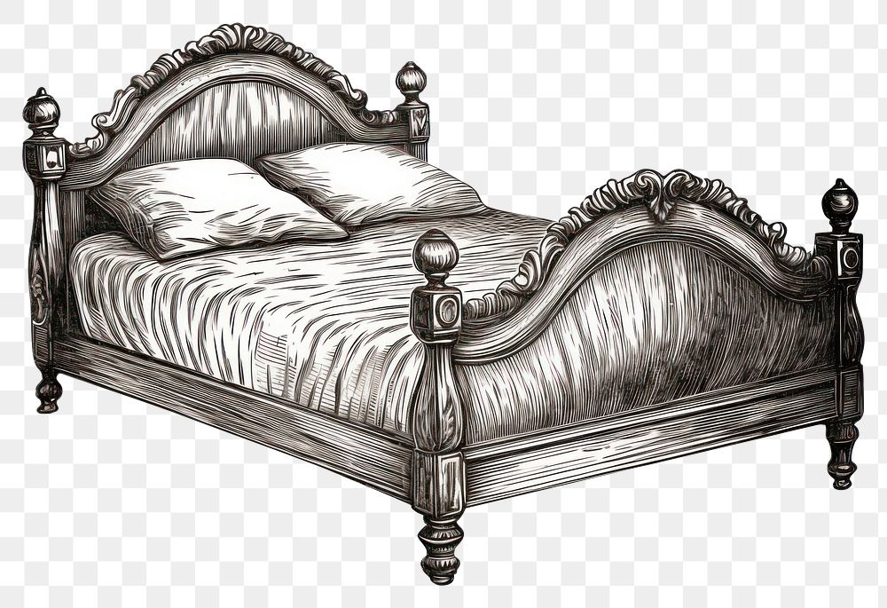 PNG Vintage bed furniture bedroom drawing. AI generated Image by rawpixel.