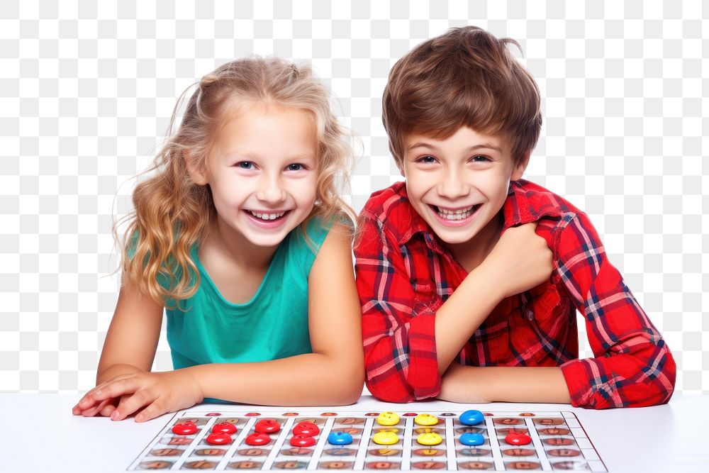 PNG 2 kids playing bingo child happy white background.