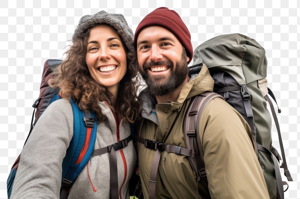 PNG Traveler taking backpack hiking selfie.