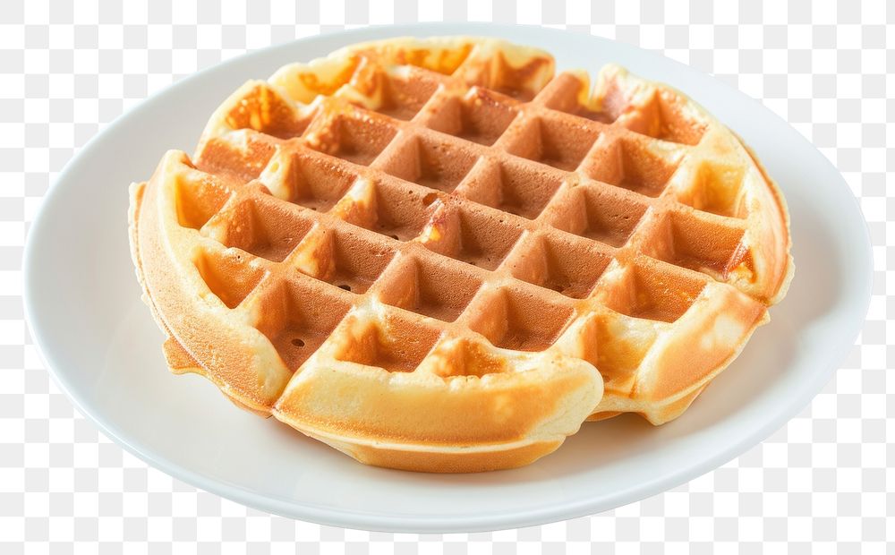 PNG Waffle on a white plate food white background breakfast.