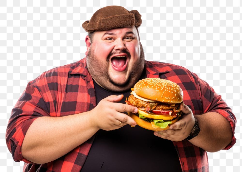 PNG Chubby man eating a hamburger food white background happiness
