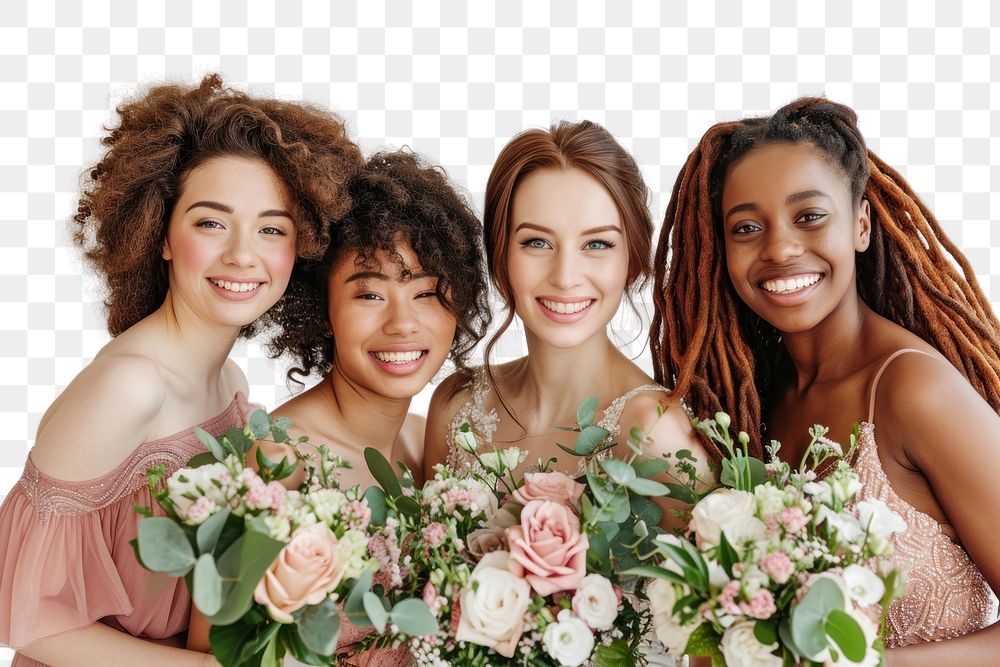PNG A group of 4 diverse bridesmaid wedding flower adult.