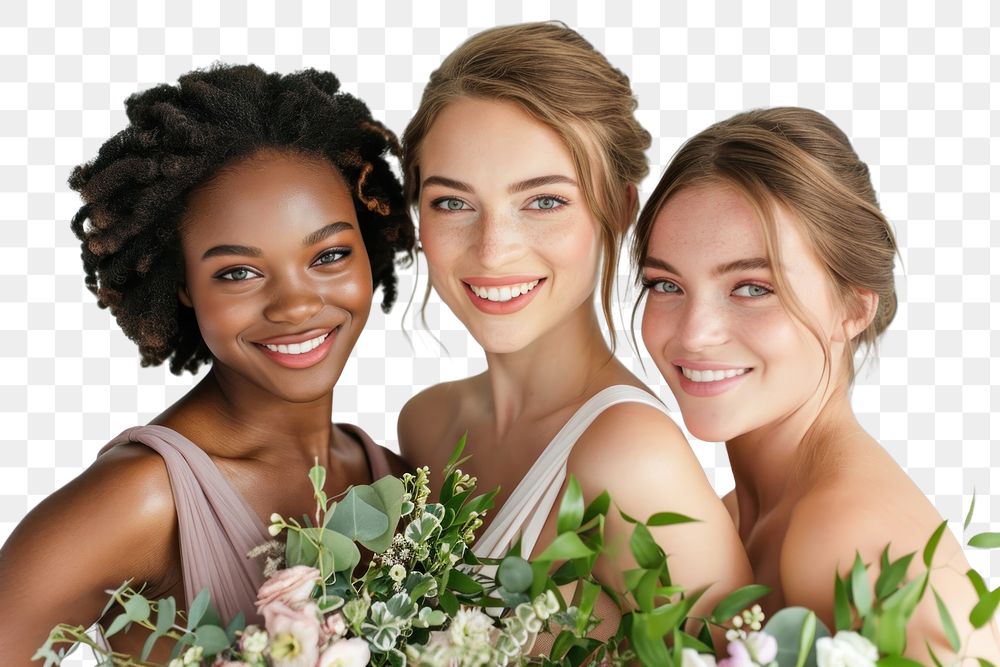 PNG A group of 3 diverse bridesmaid portrait wedding flower.