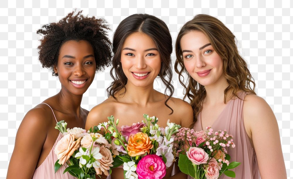 PNG A group of 3 diverse bridesmaid wedding flower adult.