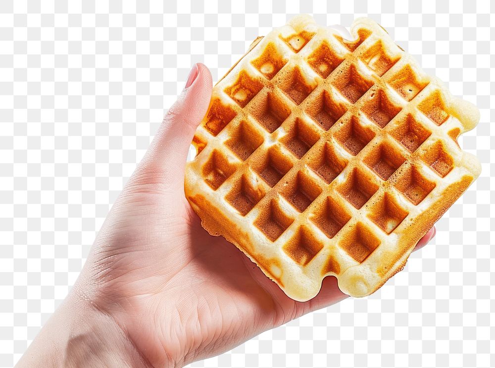PNG Hand holding waffle food white background technology.