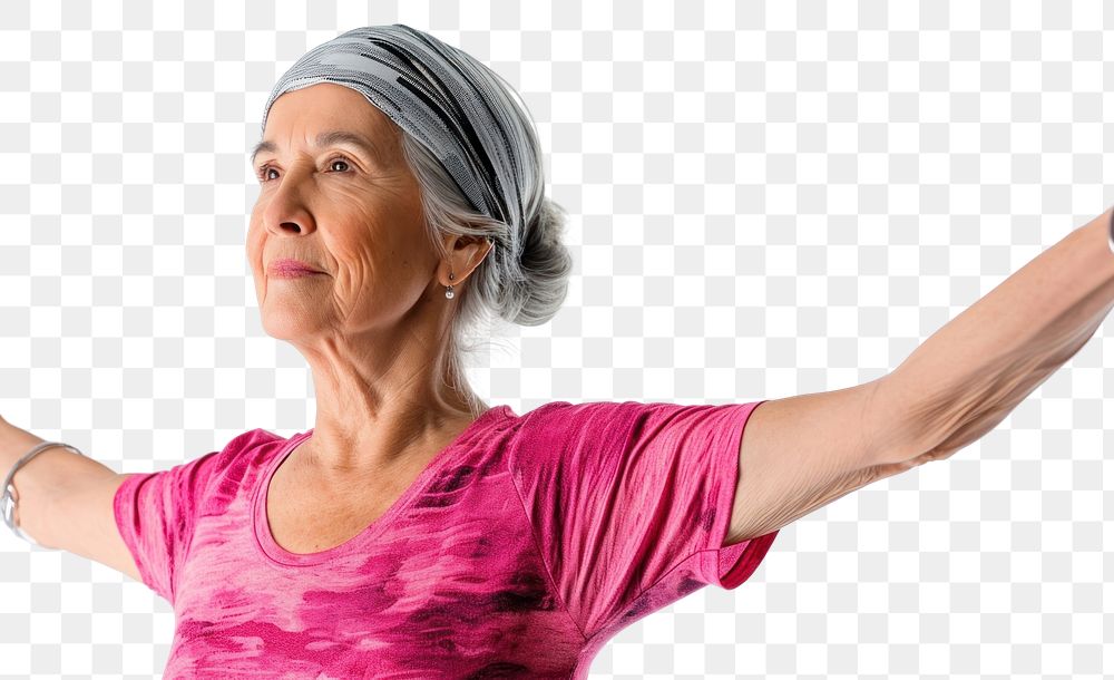 PNG Mature woman doing aerobics adult white background exercising.