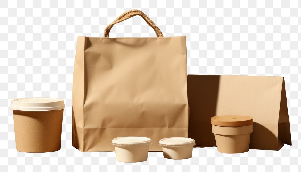 PNG Food packaging mockup handbag cup accessories.