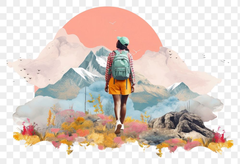 PNG Collage Retro dreamy of woman hiking backpacking adventure outdoors.