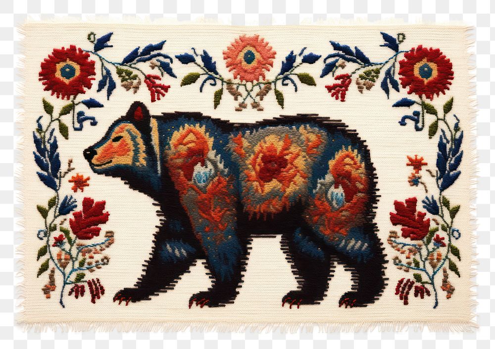 PNG The bear in embroidery style needlework textile pattern.