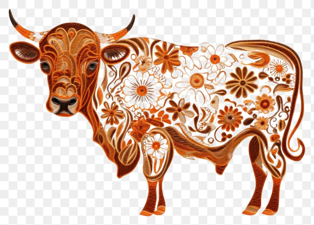 PNG The cow in embroidery style livestock cattle mammal.