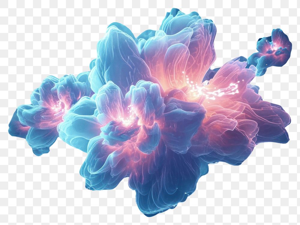 PNG 3D illustration of a nebula with a cluster of bioluminescent flowers jellyfish outdoors glowing.