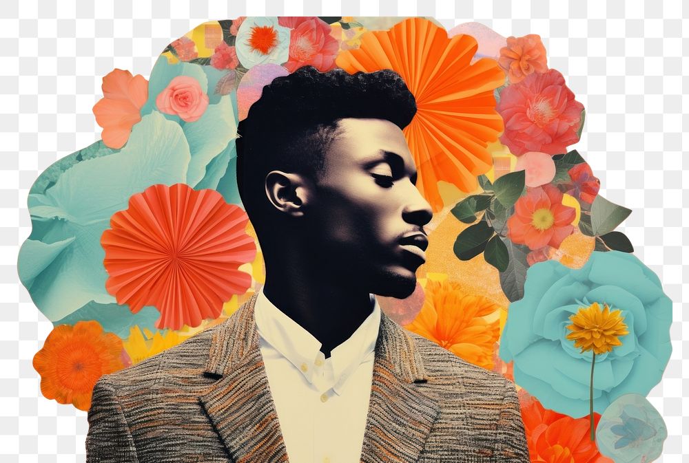 PNG  Collage Retro dreamy black man art portrait flower.