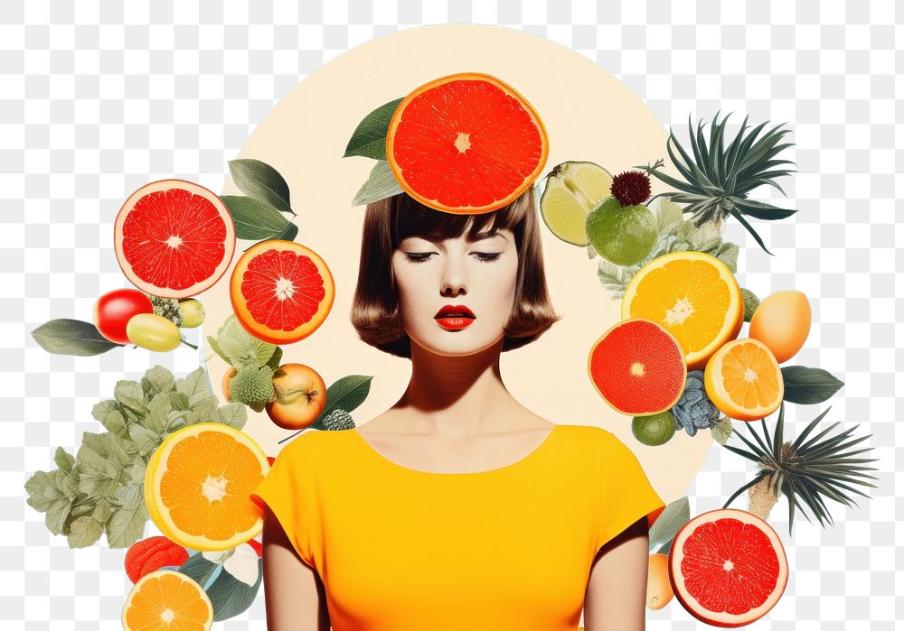 PNG  Collage Retro dreamy of fruit grapefruit portrait plant.