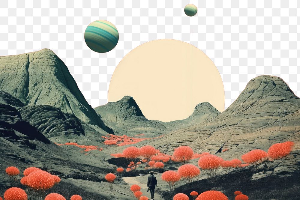 PNG  Collage Retro dreamy of mars astronomy mountain outdoors.