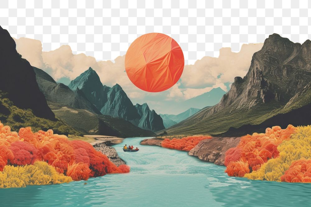 PNG  Collage Retro dreamy of sunny river surreal landscape mountain outdoors.