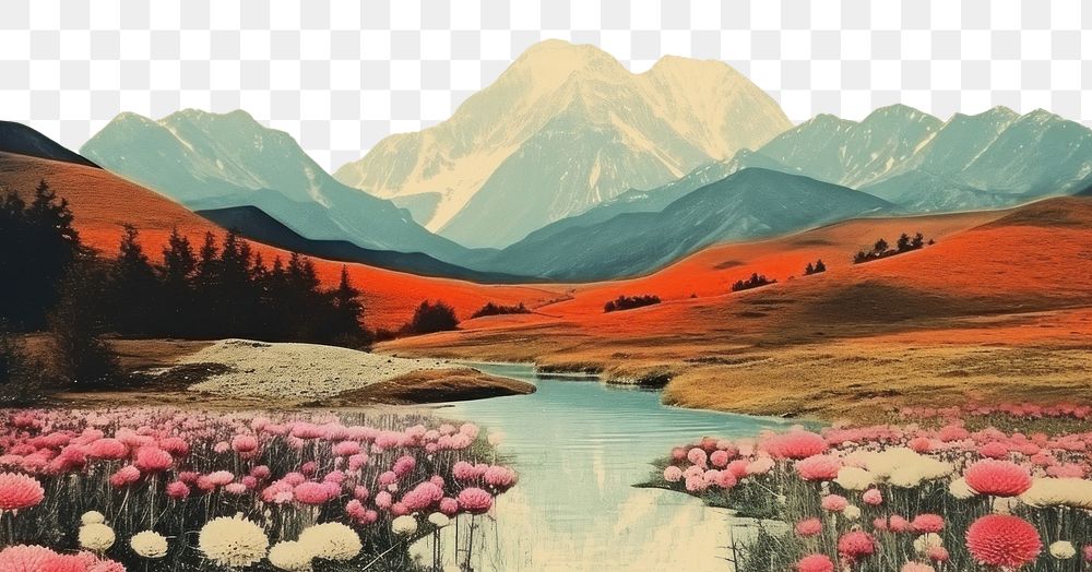 PNG  Collage Retro dreamy of sunny river surreal art landscape outdoors.