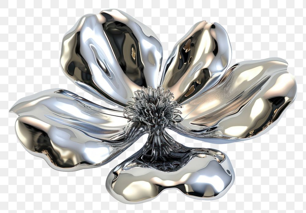 PNG 3d render of flower jewelry brooch silver.