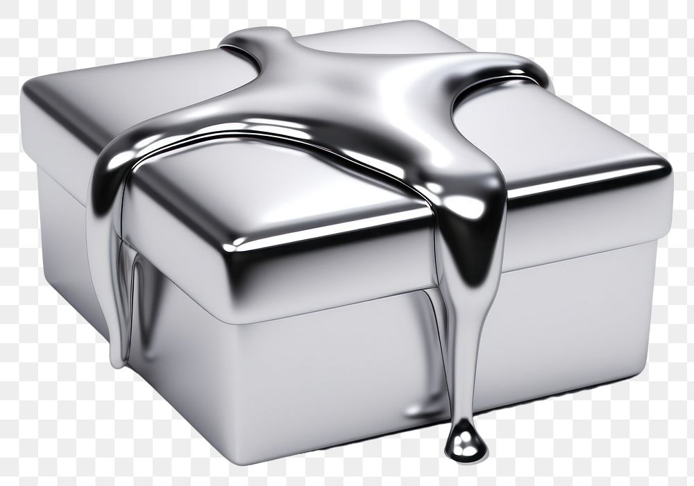 PNG 3d render of gift box silver metal white background.