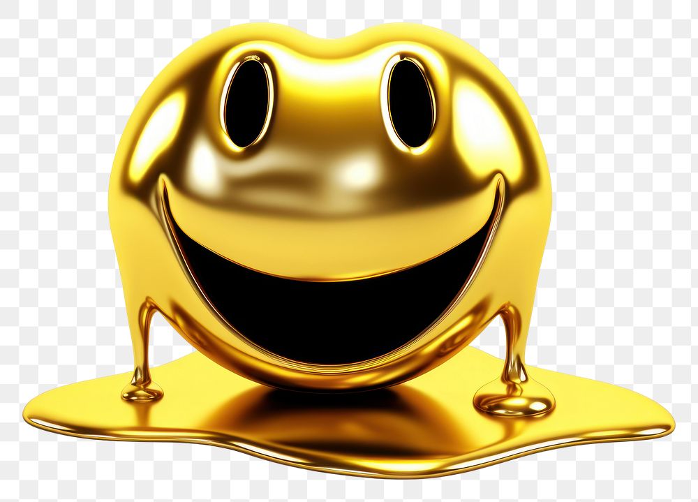 PNG 3d render of smiley metal gold white background.