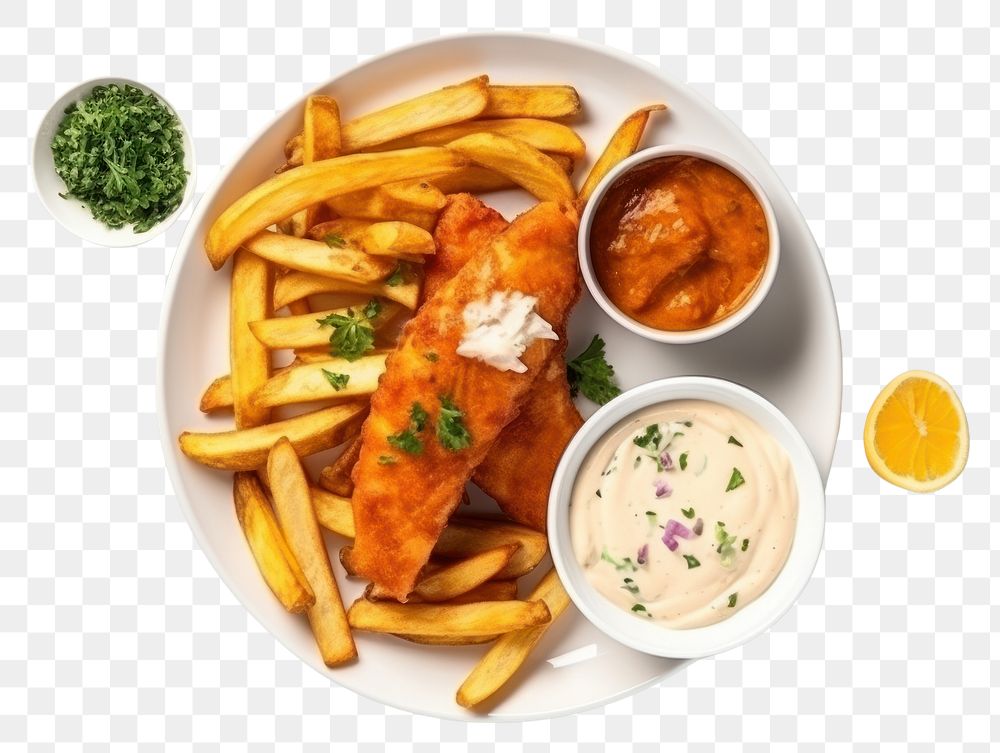 PNG Restaurant fish and chips food plate condiment vegetable.