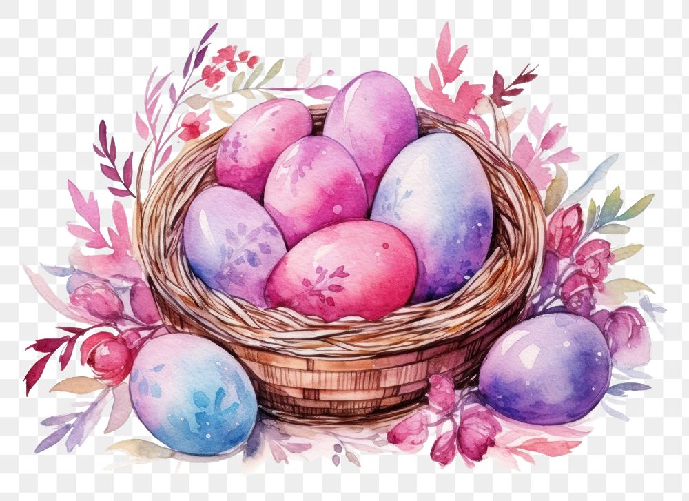 PNG Easter eggs basket plant watercolor painting.