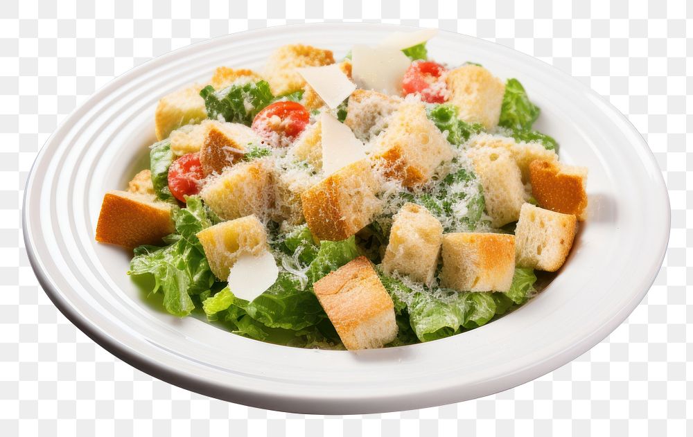PNG Fresh Caesar salad in white plate food meal dish. AI generated Image by rawpixel.