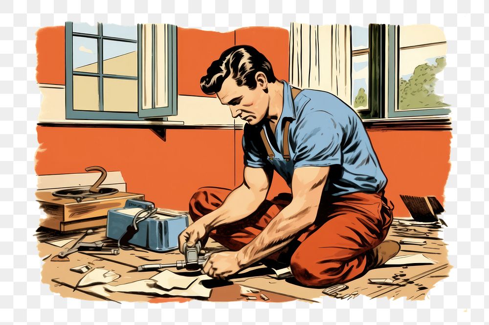 PNG  Man doing renovation work at home cleaning adult art. AI generated Image by rawpixel.