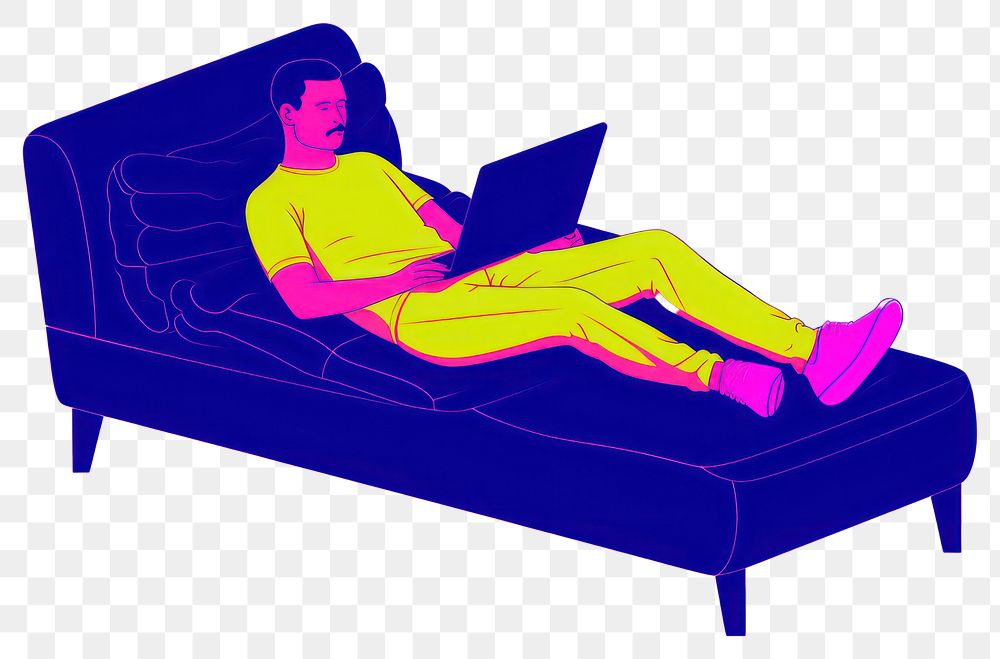 PNG  Man using a laptop on sofa furniture computer comfortable.